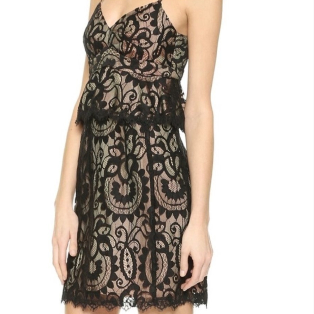 Nanette Lepore Venetian Lace Black Slip Mini Dress Peplum | Size 12 | Lace
